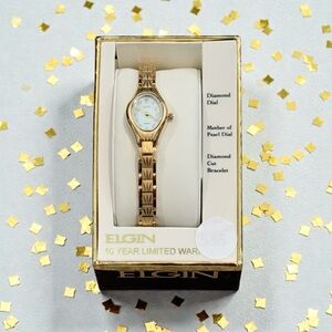 Ladies formal ELGIN watch gold tone metal case and adjustable link band NEW